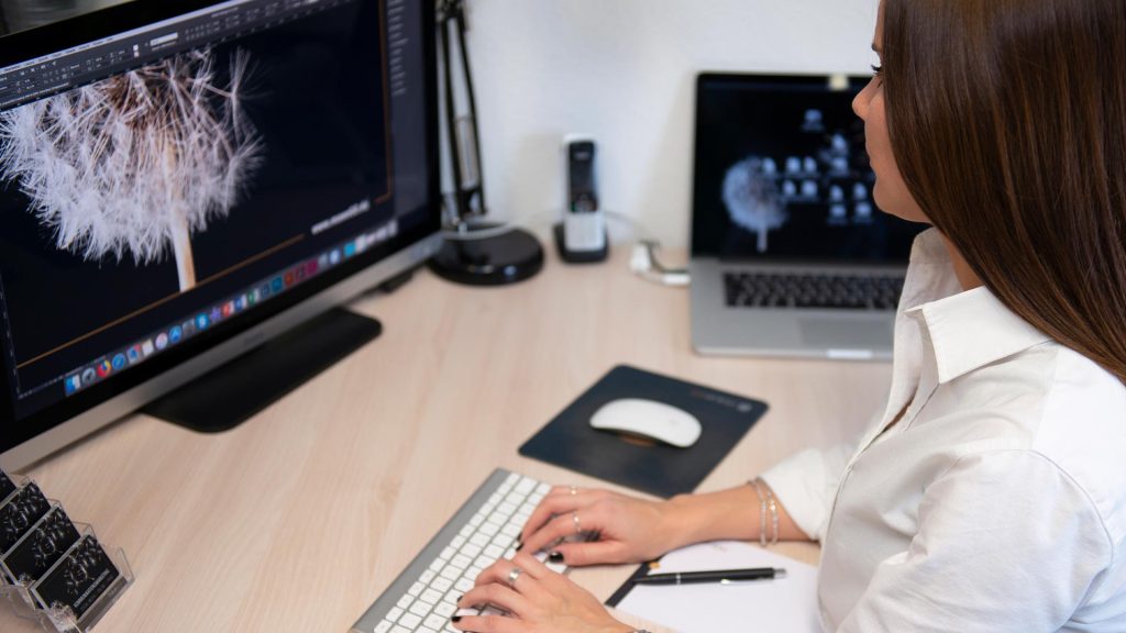Auf dem Bild sieht man eine Frau an einem Schreibitisch mit einem Computer arbeiten.